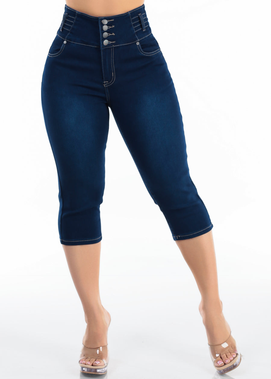 MX JEANS Levantacola Super High Waist Stretch Dark Denim Capris w Back Pocket Design