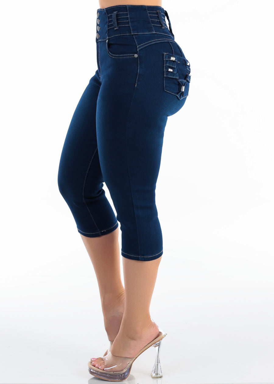 MX JEANS Levantacola Super High Waist Stretch Dark Denim Capris w Back Pocket Design