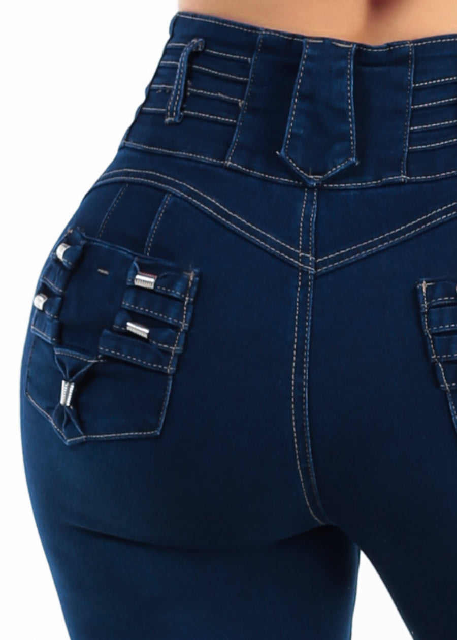 MX JEANS Levantacola Super High Waist Stretch Dark Denim Capris w Back Pocket Design