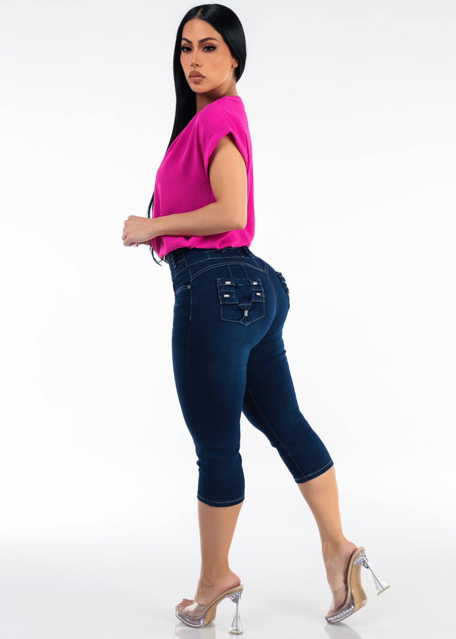 MX JEANS Levantacola Super High Waist Stretch Dark Denim Capris w Back Pocket Design