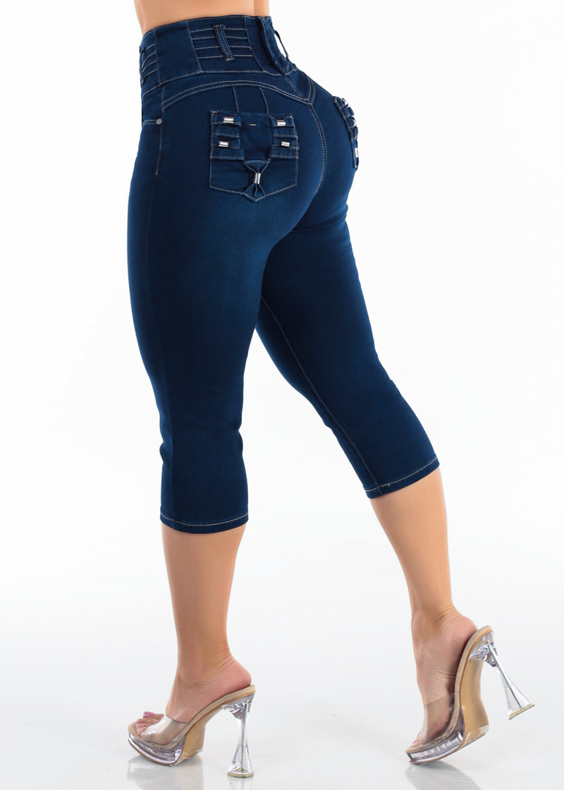 MX JEANS Levantacola Super High Waist Stretch Dark Denim Capris w Back Pocket Design