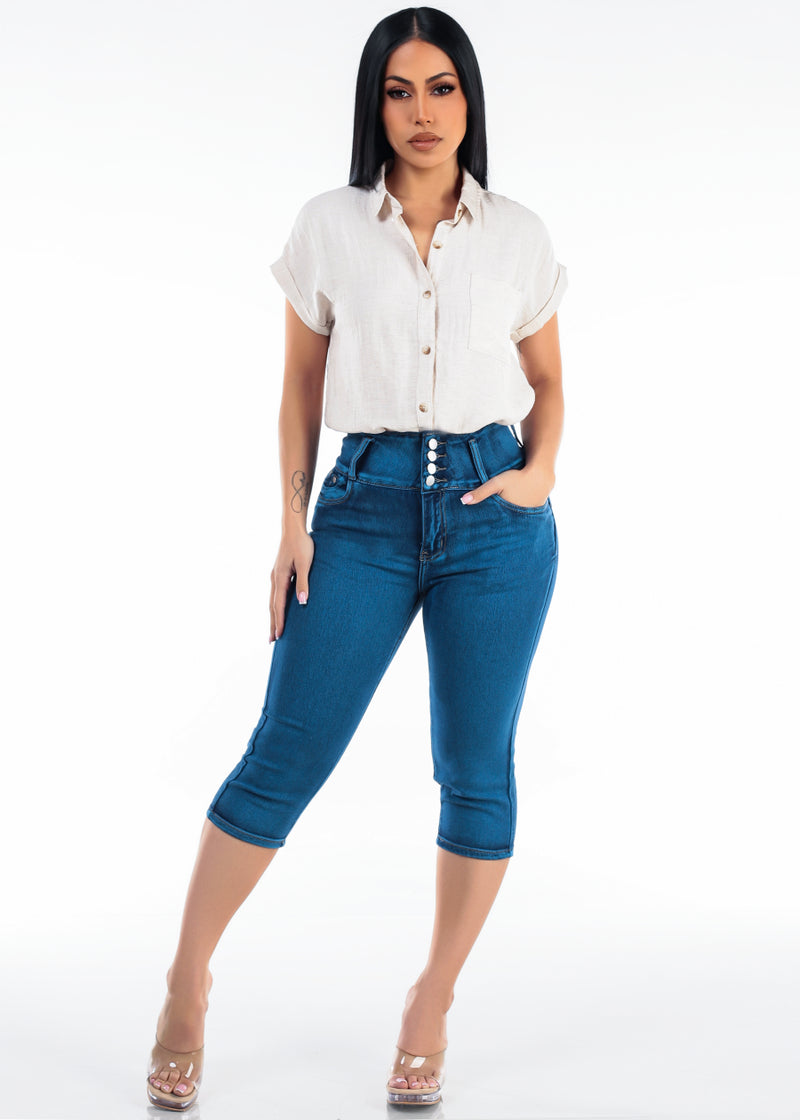MX JEANS Super High Waisted Stretch Denim Capris Sand Wash