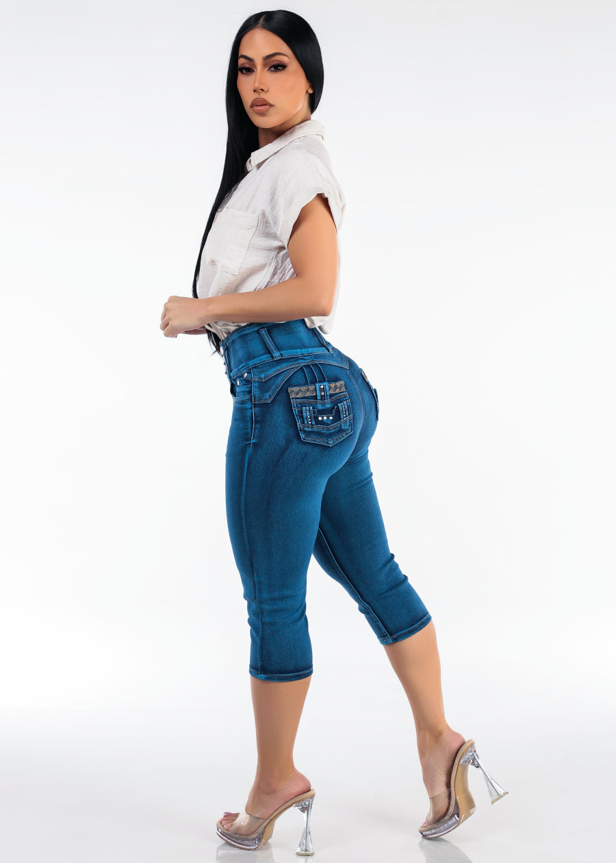 MX JEANS Super High Waisted Stretch Denim Capris Sand Wash