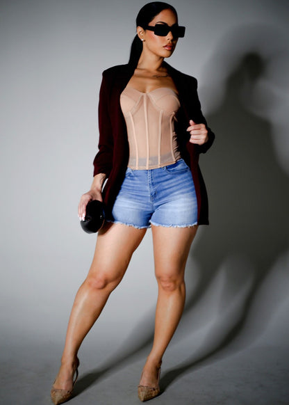 High Waist Cut Off Stretch Denim Shorts Med Blue