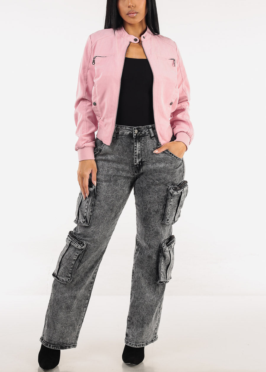 High Waisted Stretch Cargo Jeans Black Acid Wash