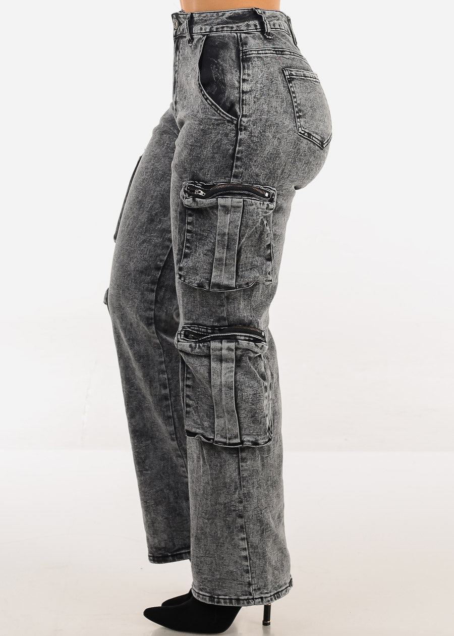 High Waisted Stretch Cargo Jeans Black Acid Wash