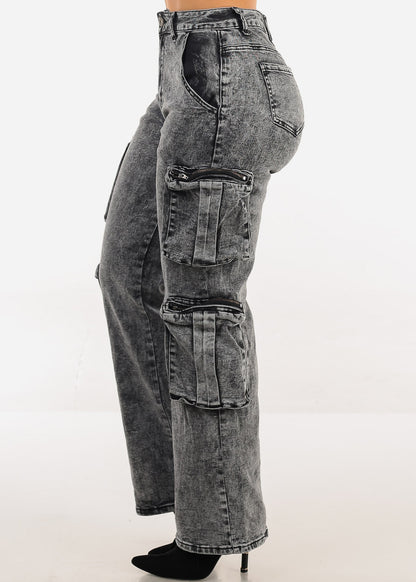 High Waisted Stretch Cargo Jeans Black Acid Wash