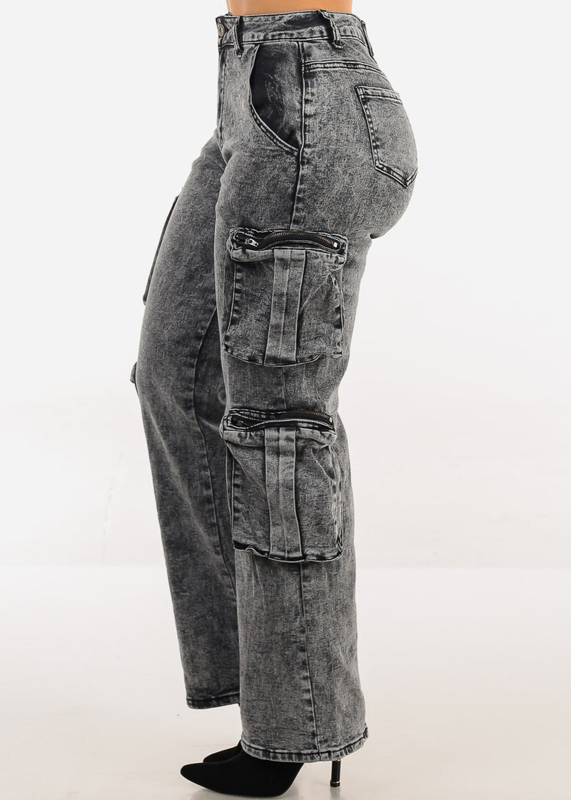 High Waisted Stretch Cargo Jeans Black Acid Wash