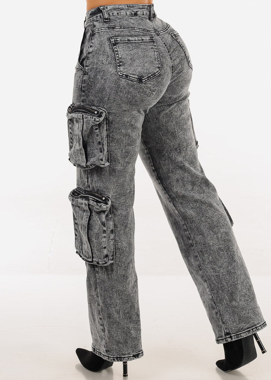 High Waisted Stretch Cargo Jeans Black Acid Wash