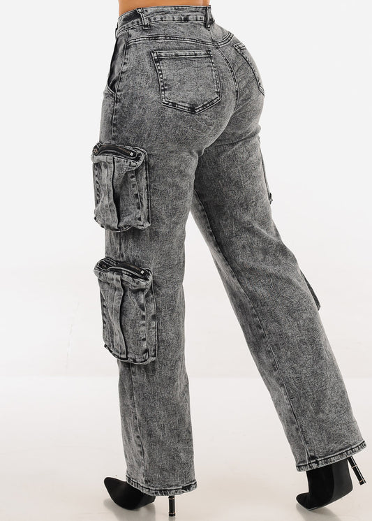 High Waisted Stretch Cargo Jeans Black Acid Wash