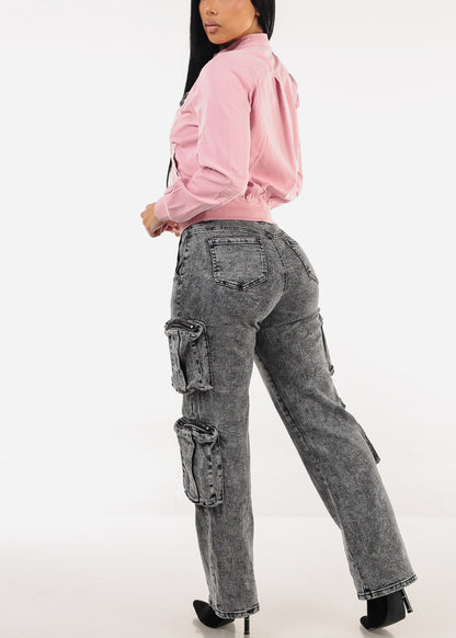 High Waisted Stretch Cargo Jeans Black Acid Wash