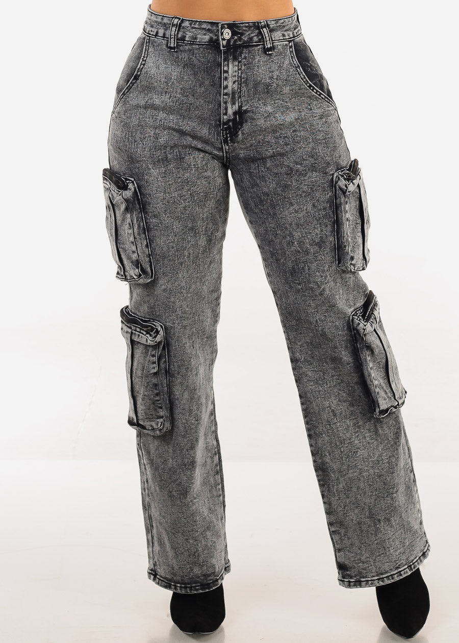 High Waisted Stretch Cargo Jeans Black Acid Wash