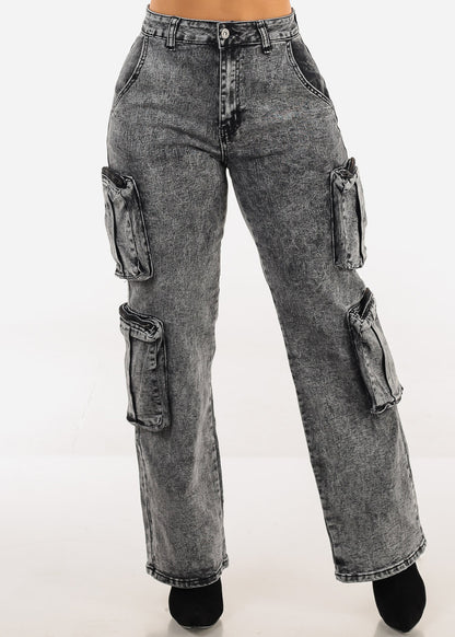 High Waisted Stretch Cargo Jeans Black Acid Wash