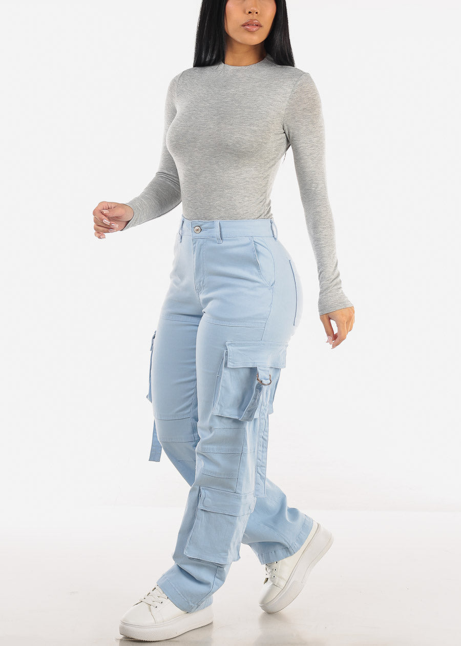 Butt Lift High Waist Straight Wide Leg Cargo Jeans Light Blue