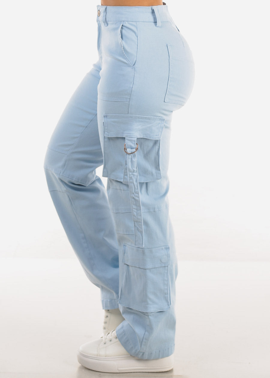 Butt Lift High Waist Straight Wide Leg Cargo Jeans Light Blue