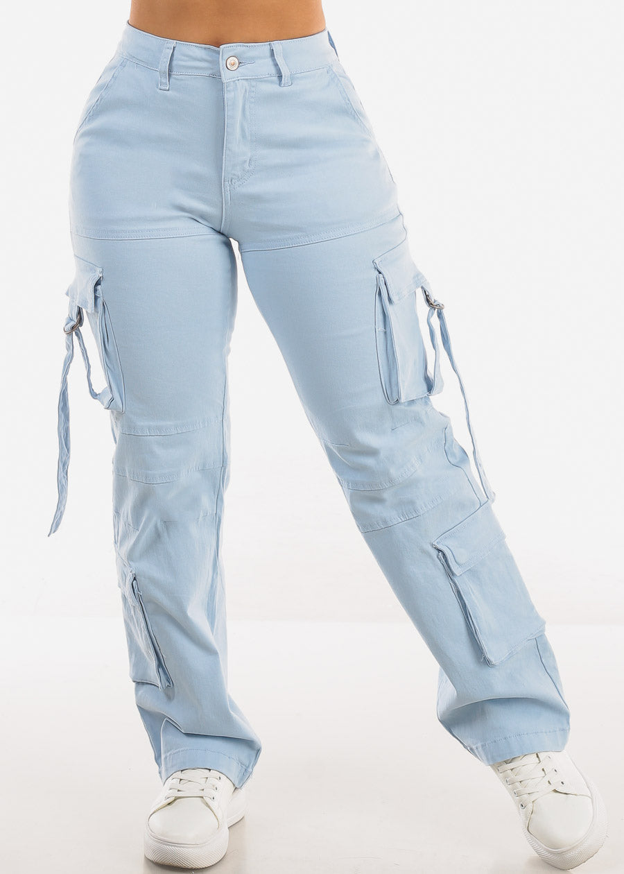 Butt Lift High Waist Straight Wide Leg Cargo Jeans Light Blue