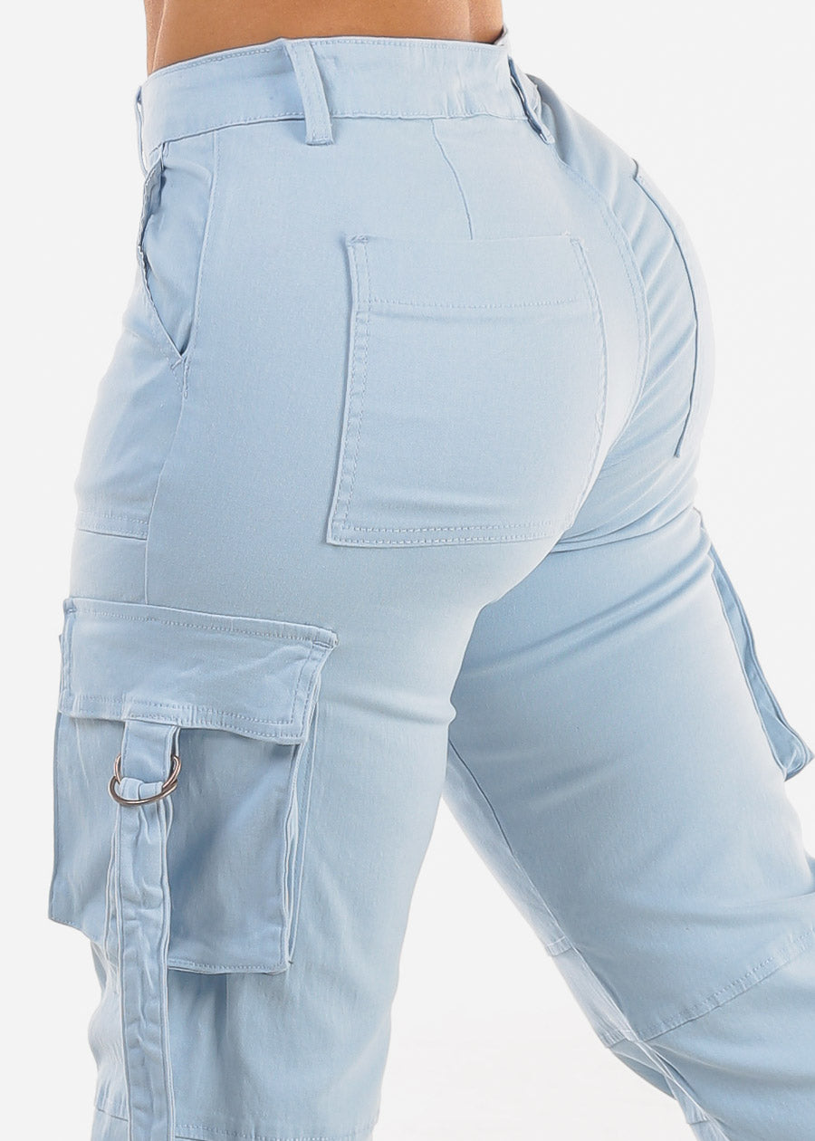 Butt Lift High Waist Straight Wide Leg Cargo Jeans Light Blue