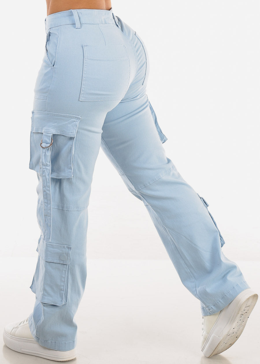 Butt Lift High Waist Straight Wide Leg Cargo Jeans Light Blue