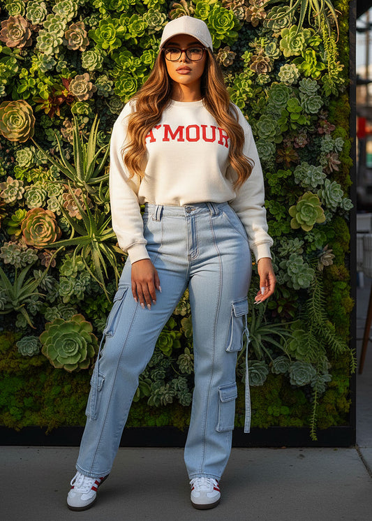 Super High Waisted Stretch Wide Leg Light Cargo Jeans