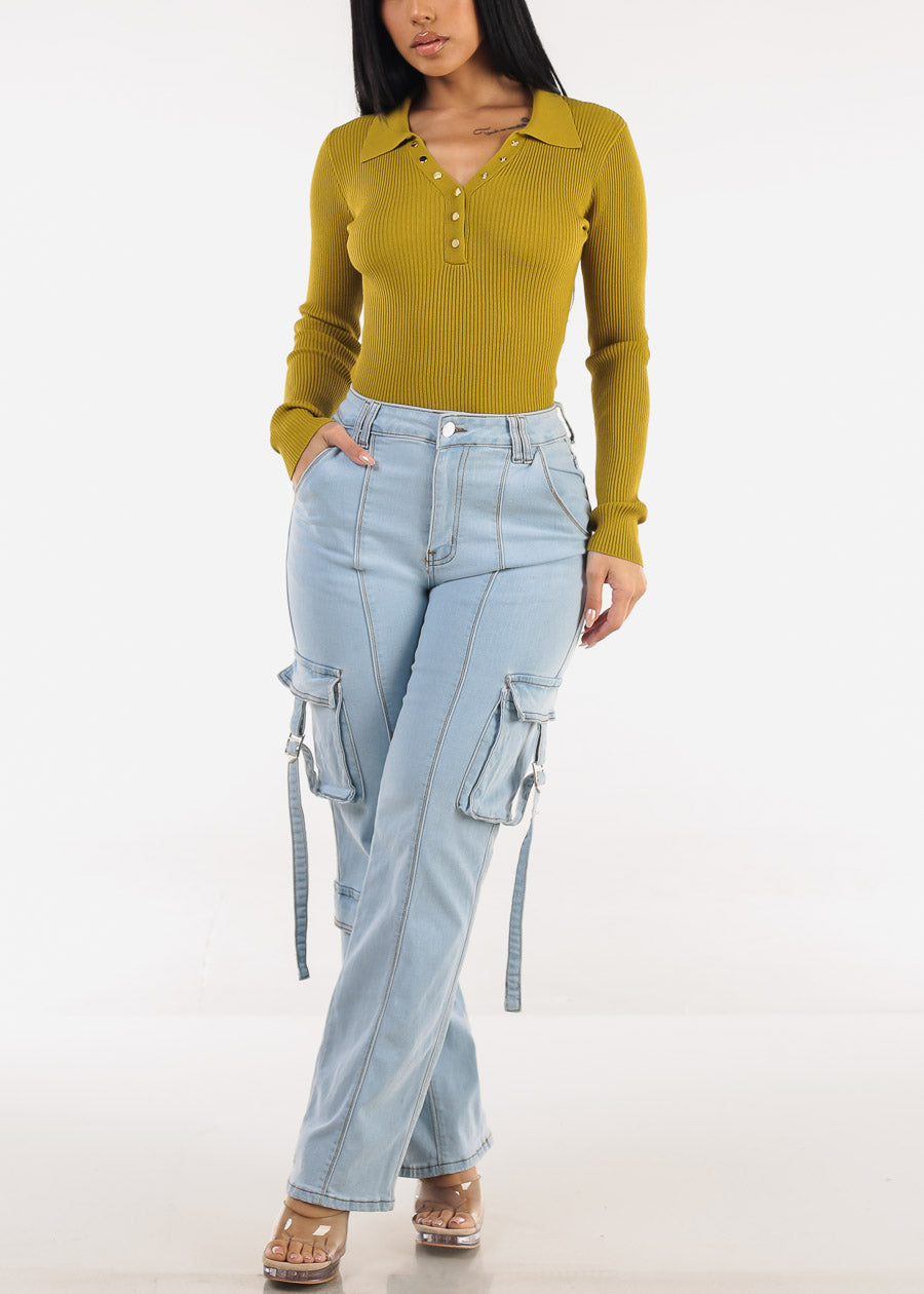 Super High Waisted Stretch Wide Leg Light Cargo Jeans