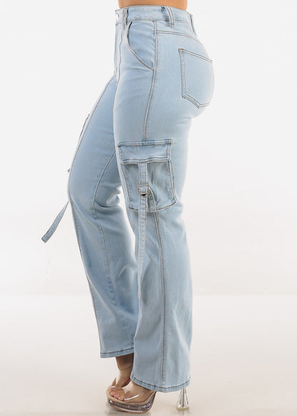 Super High Waisted Stretch Wide Leg Light Cargo Jeans