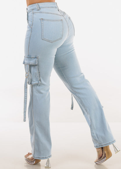 Super High Waisted Stretch Wide Leg Light Cargo Jeans