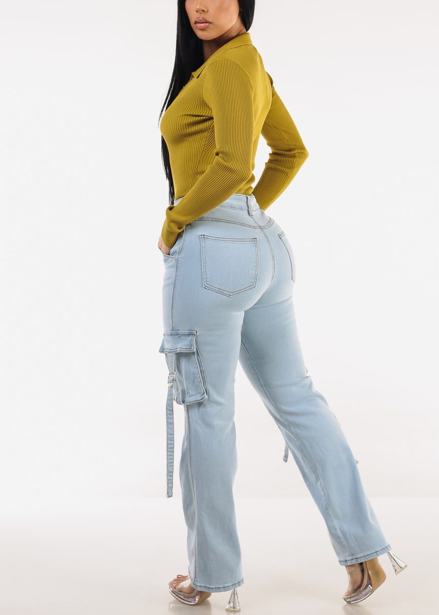 Super High Waisted Stretch Wide Leg Light Cargo Jeans