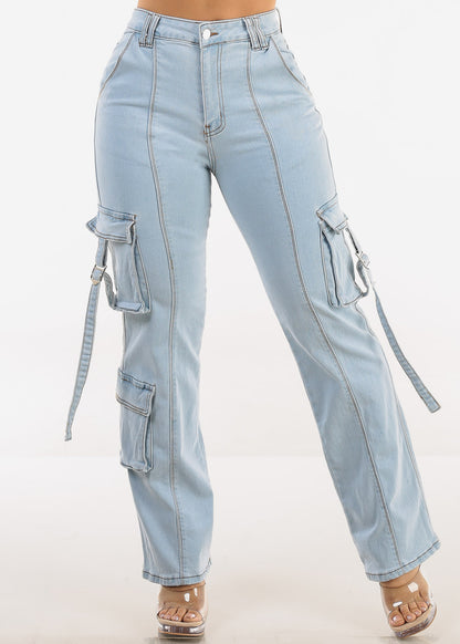 Super High Waisted Stretch Wide Leg Light Cargo Jeans