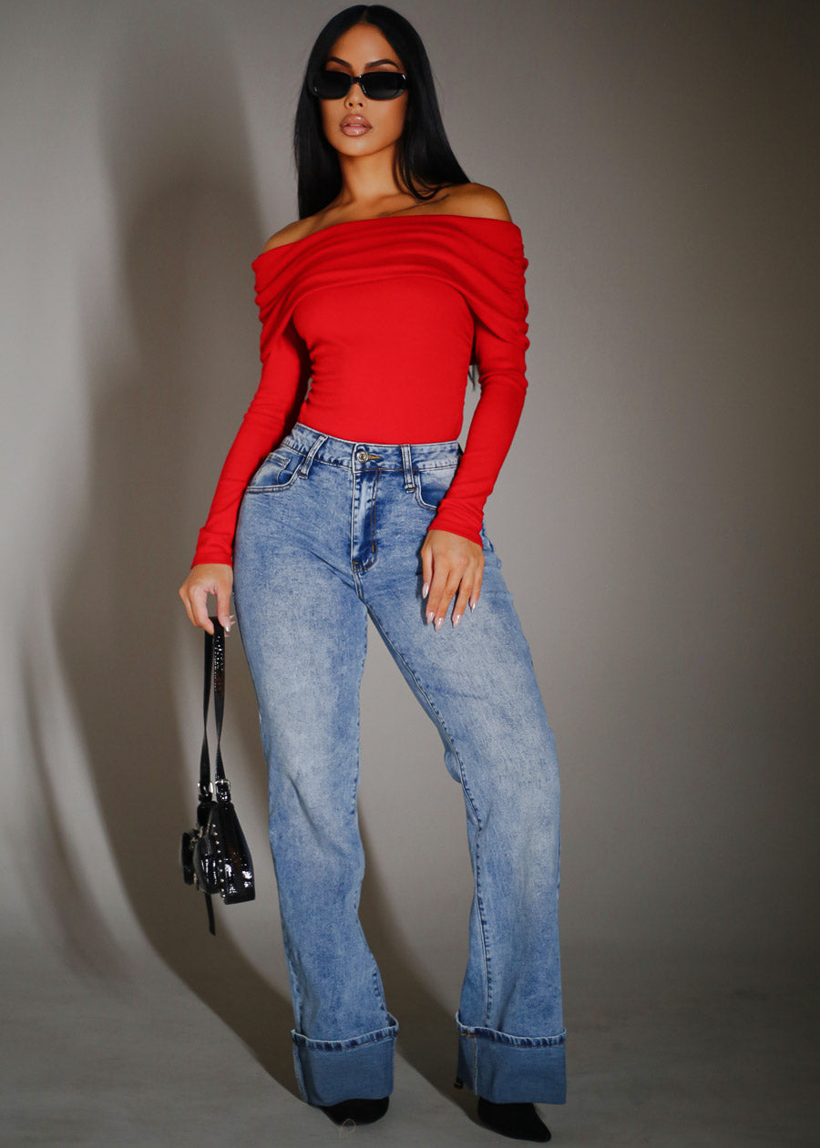 Stretchy High Waist Cuffed Wide Leg Jeans Acid Wash