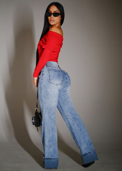 Stretchy High Waist Cuffed Wide Leg Jeans Acid Wash