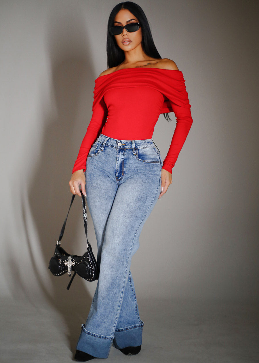Stretchy High Waist Cuffed Wide Leg Jeans Acid Wash