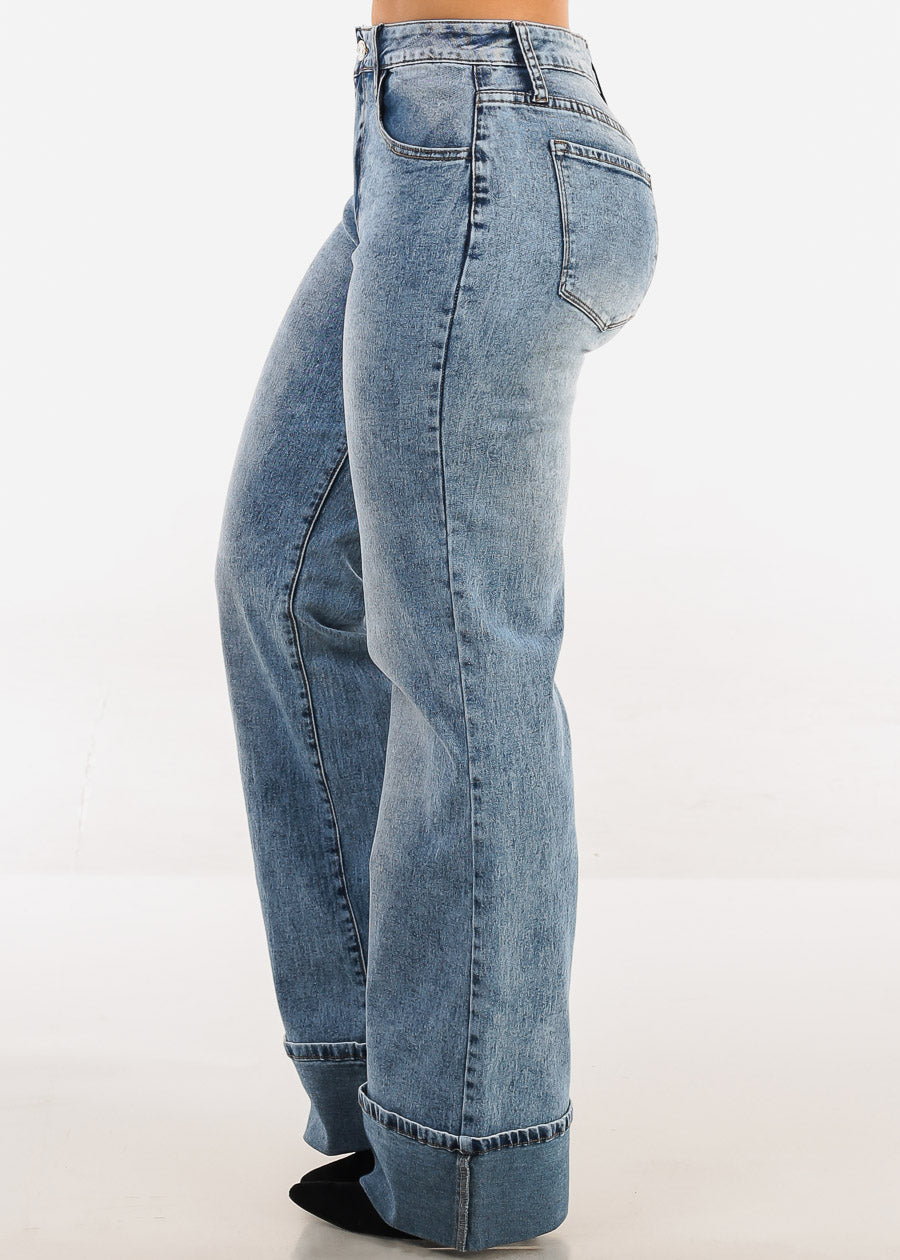 Stretchy High Waist Cuffed Wide Leg Jeans Acid Wash