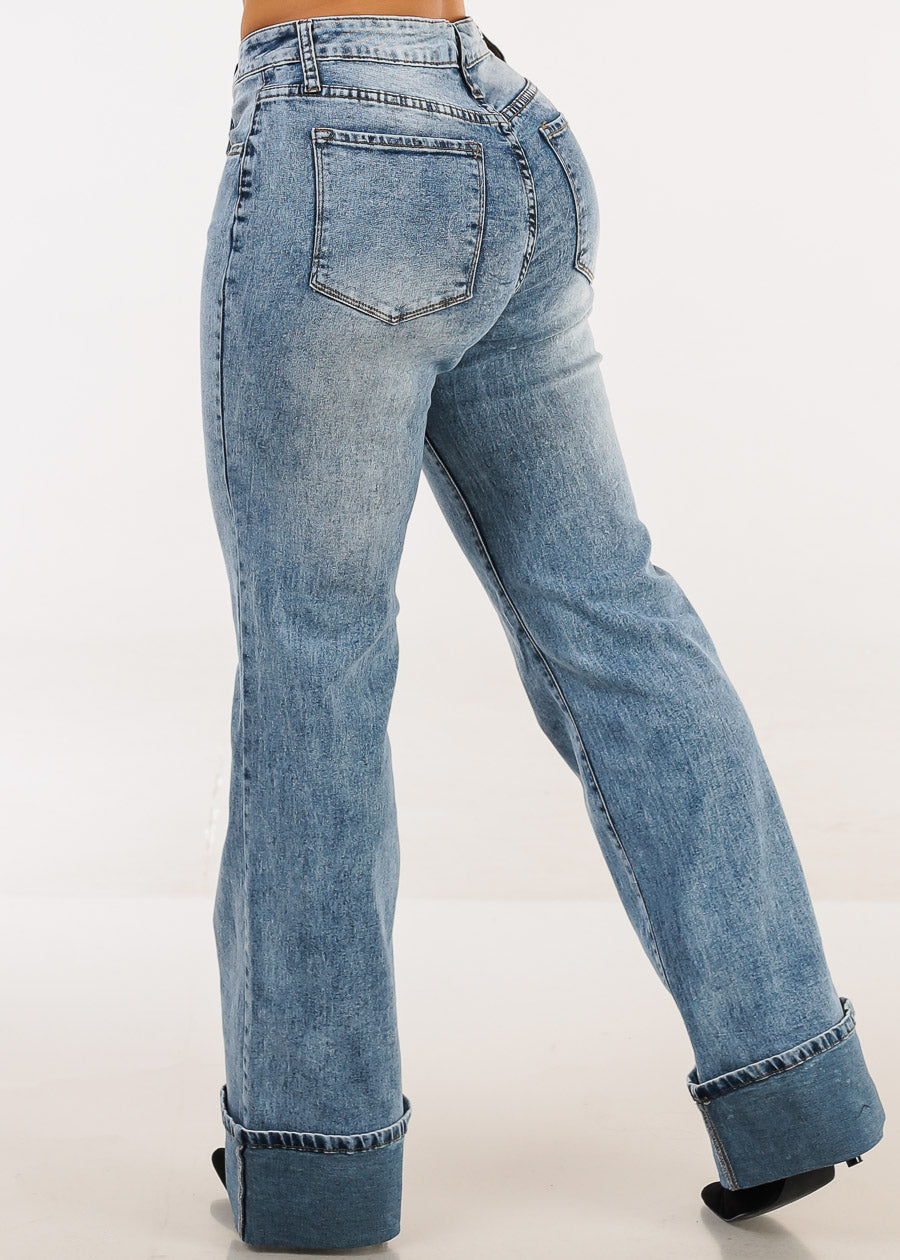 Stretchy High Waist Cuffed Wide Leg Jeans Acid Wash