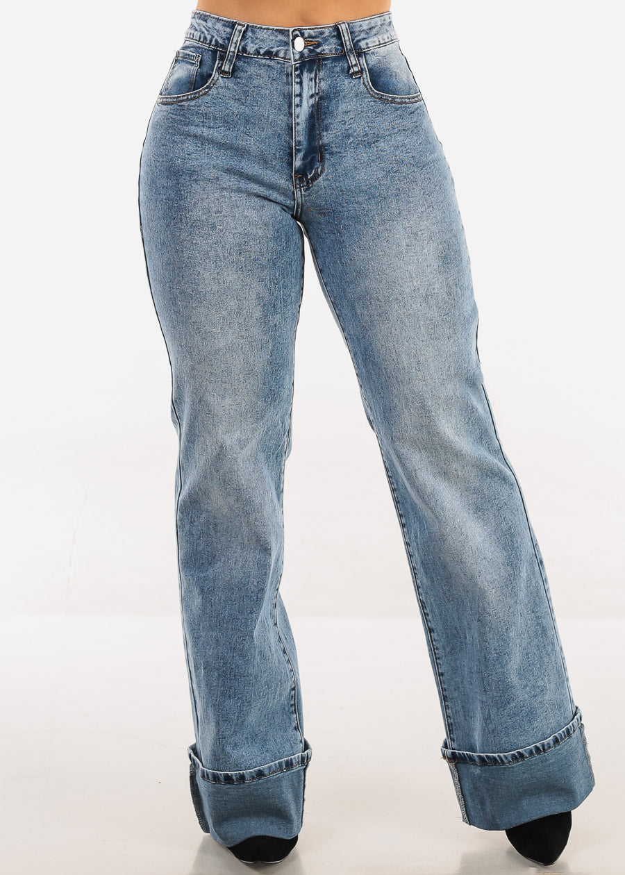 Stretchy High Waist Cuffed Wide Leg Jeans Acid Wash