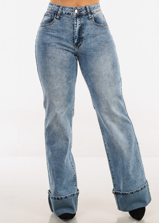 Stretchy High Waist Cuffed Wide Leg Jeans Acid Wash