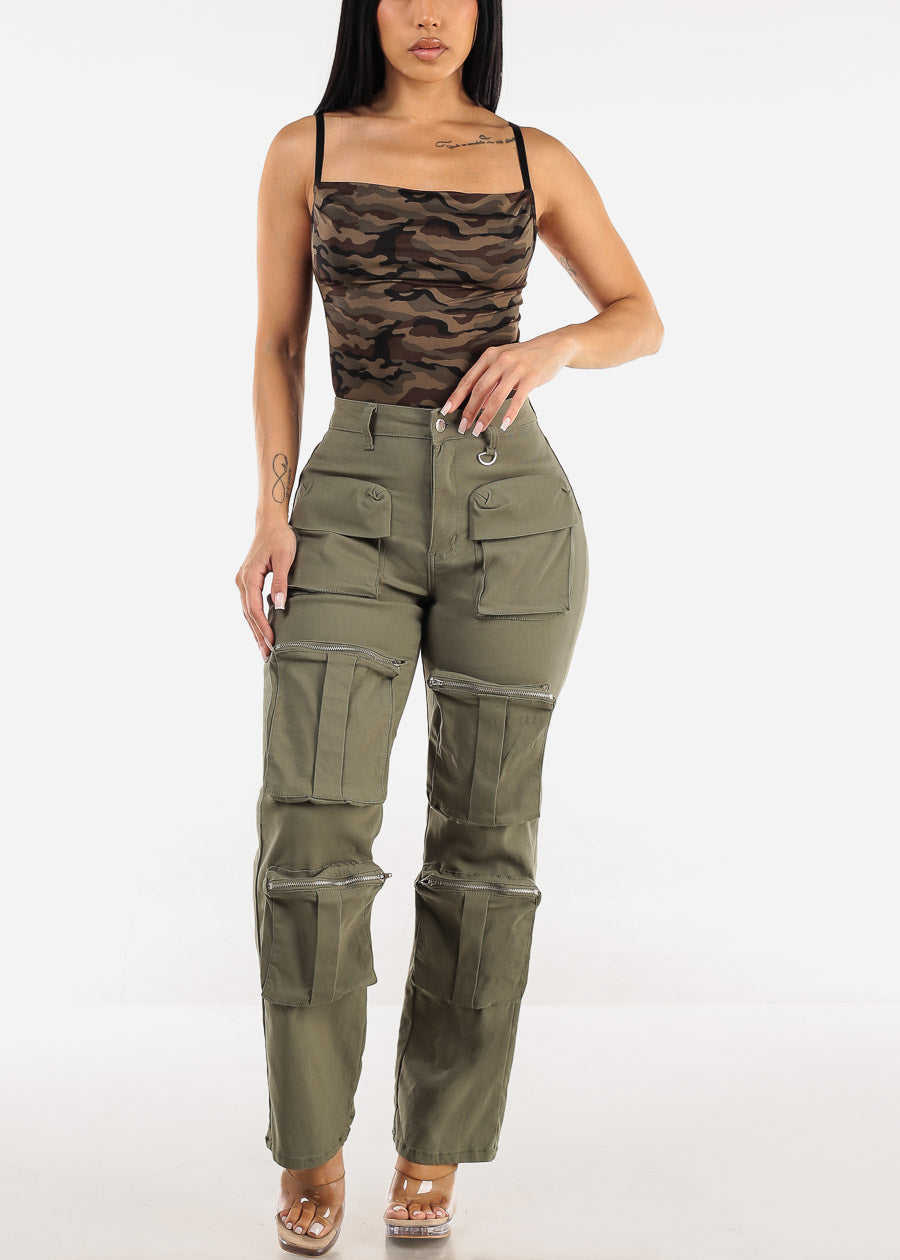 Hyper Stretch Straight Wide Leg Cargo Pants Olive