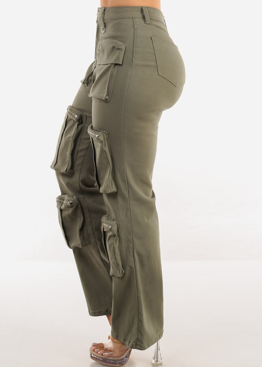Hyper Stretch Straight Wide Leg Cargo Pants Olive