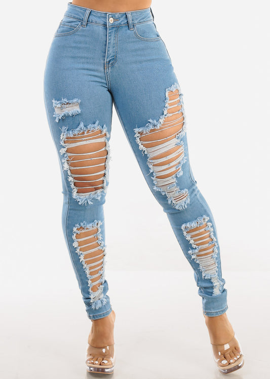 Super High Waist Distressed Skinny Jeans Light Wash