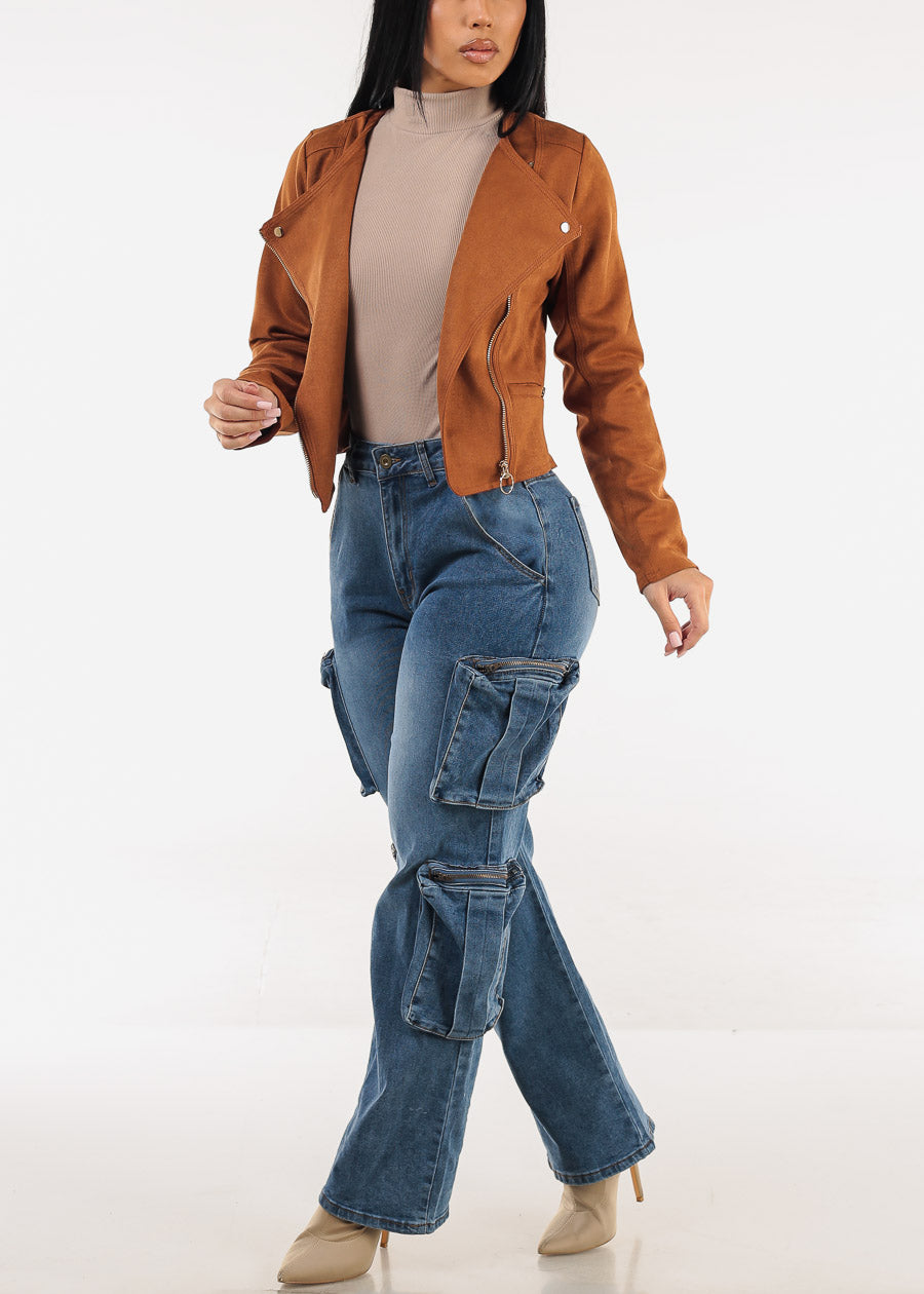 High Waisted Stretch Cargo Jeans Med Wash