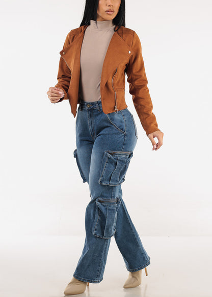 High Waisted Stretch Cargo Jeans Med Wash