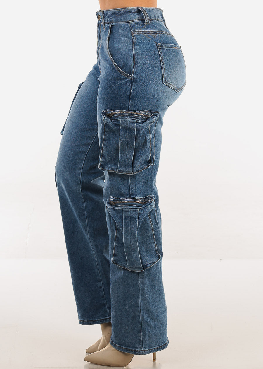 High Waisted Stretch Cargo Jeans Med Wash