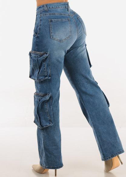 High Waisted Stretch Cargo Jeans Med Wash