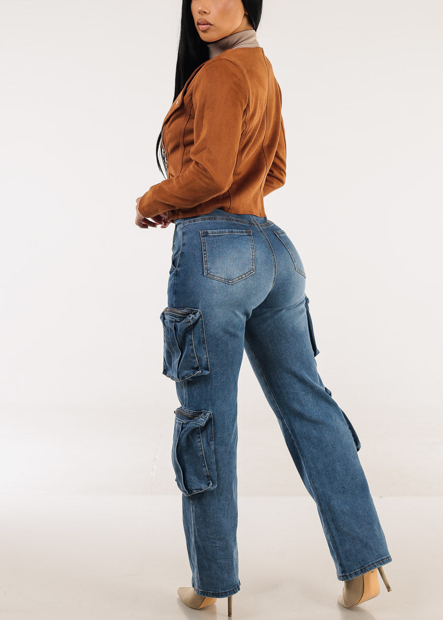 High Waisted Stretch Cargo Jeans Med Wash