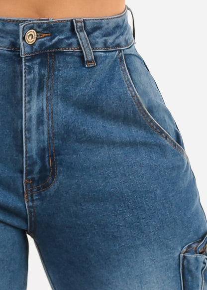 High Waisted Stretch Cargo Jeans Med Wash
