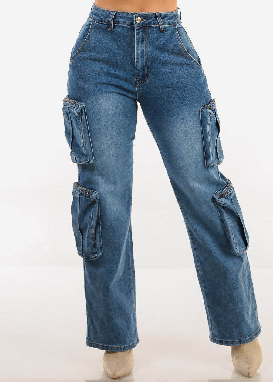 High Waisted Stretch Cargo Jeans Med Wash