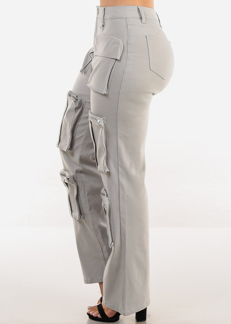 Hyper Stretch Straight Wide Leg Cargo Pants Grey