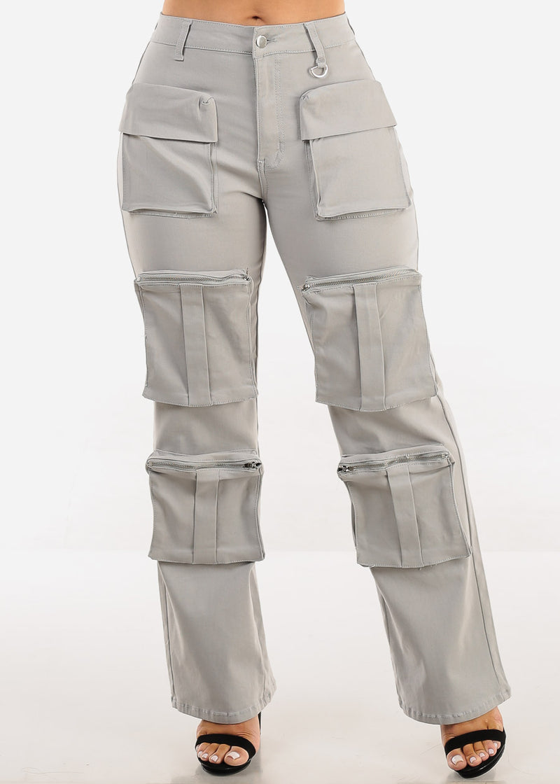 Hyper Stretch Straight Wide Leg Cargo Pants Grey