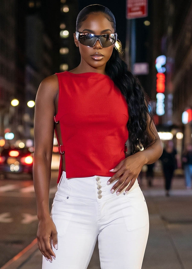 Sleeveless Boat Neck Open Buckle Side Stretch Top Red
