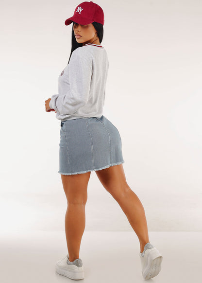 High Waist Stripe Denim Mini Skirt w Pockets