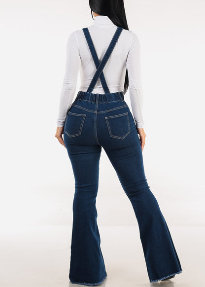 High Waisted  Stretch Flared Jeans Dark Wash w Suspenders
